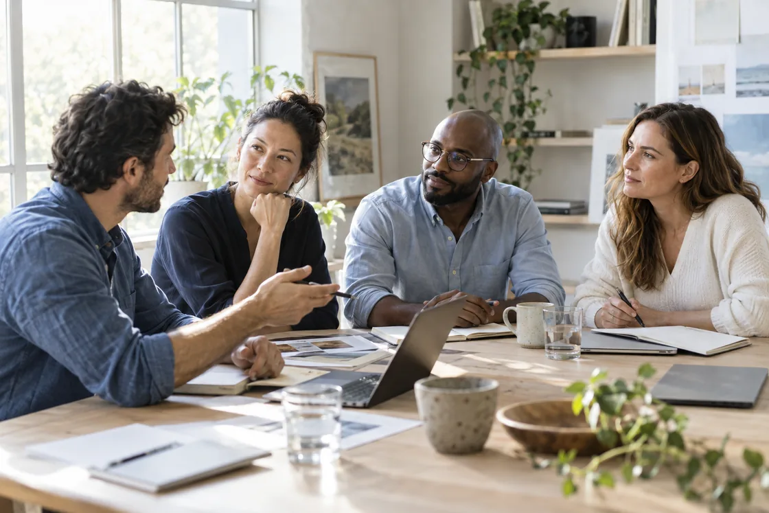 A team collaborating around a studio table.