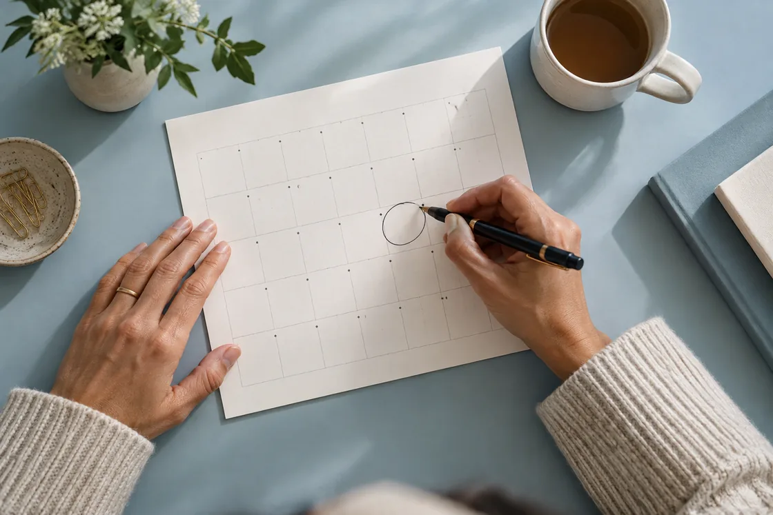 Hands marking a day on a desk calendar.