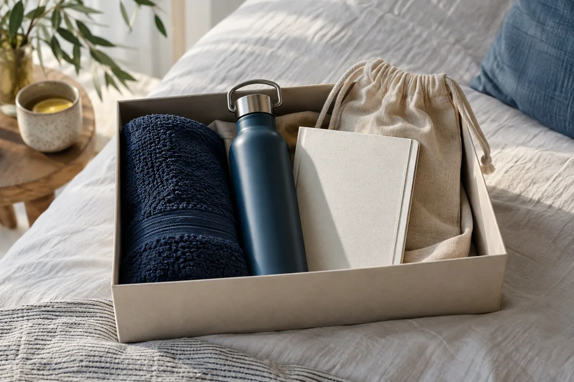 Everyday wellness essentials grouped in an open storage box.