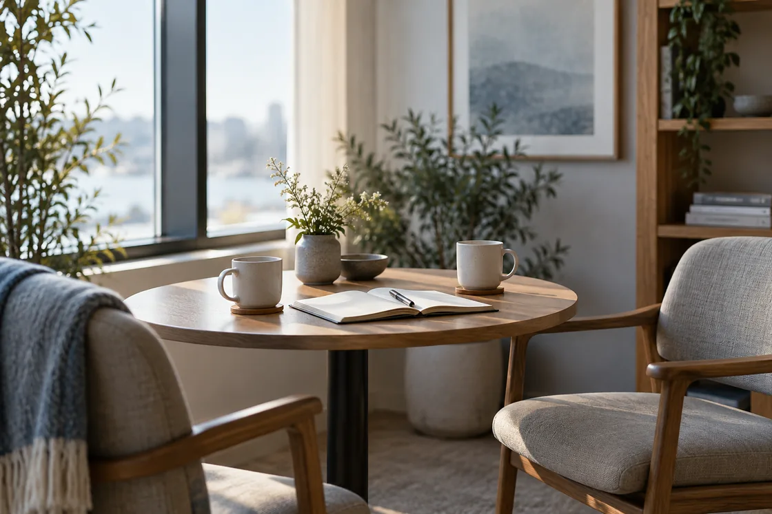 A meeting table prepared for a conversation.
