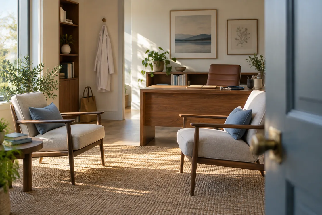 Two chairs arranged for a conversation in a consultation room.
