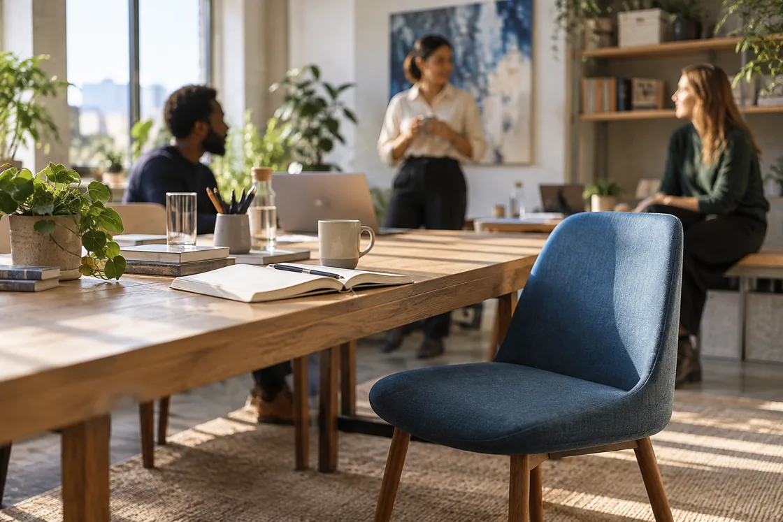 An open seat at a collaborative workspace.