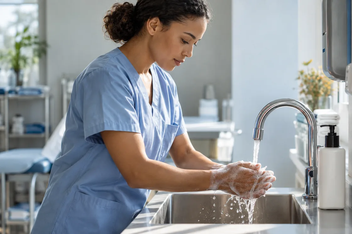 A clinician washing their hands at a clinic sink.