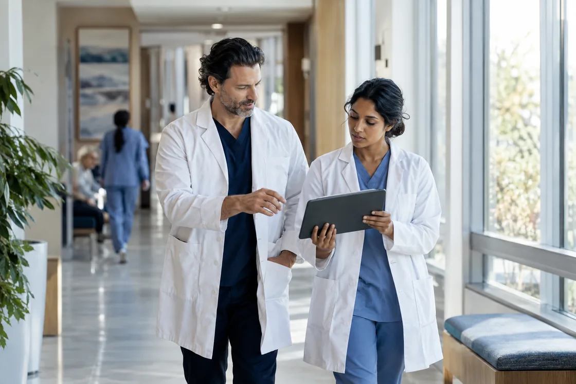 An illustrative scene of clinicians discussing their work.