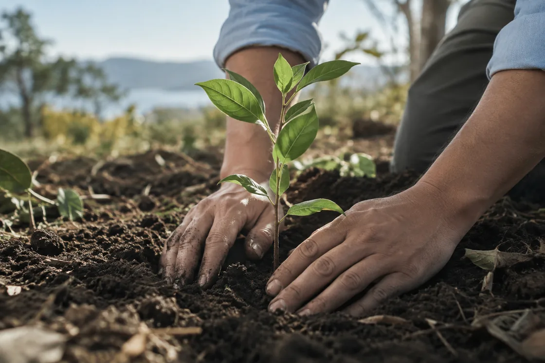 Hands planting a young sapling in soil.