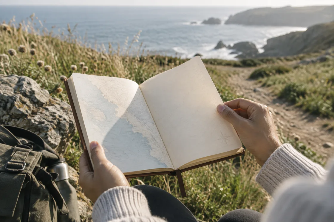 A field notebook opened beside a coastal walking path.