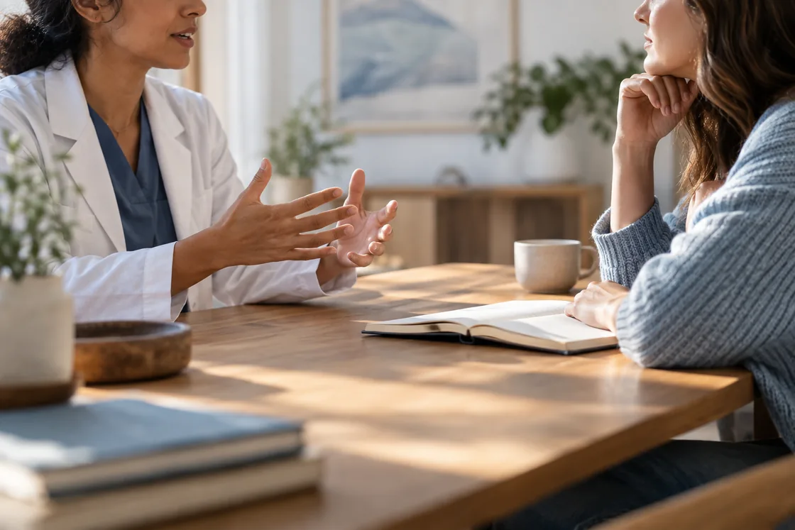 A care conversation with an open notebook on the table.