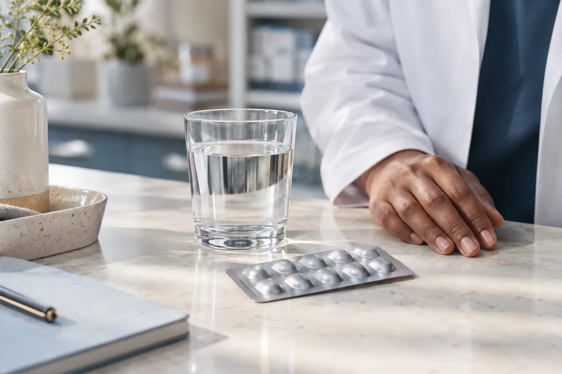 A sealed medicine blister pack beside a glass of water.