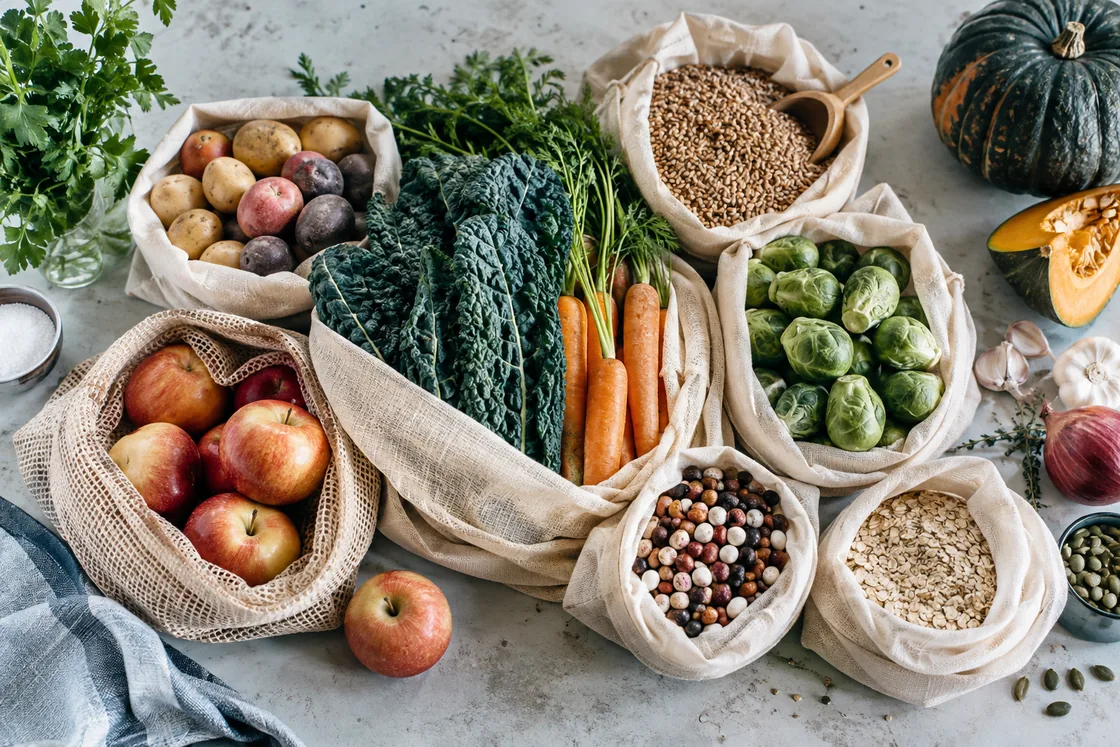 Seasonal vegetables and whole grains on a kitchen counter