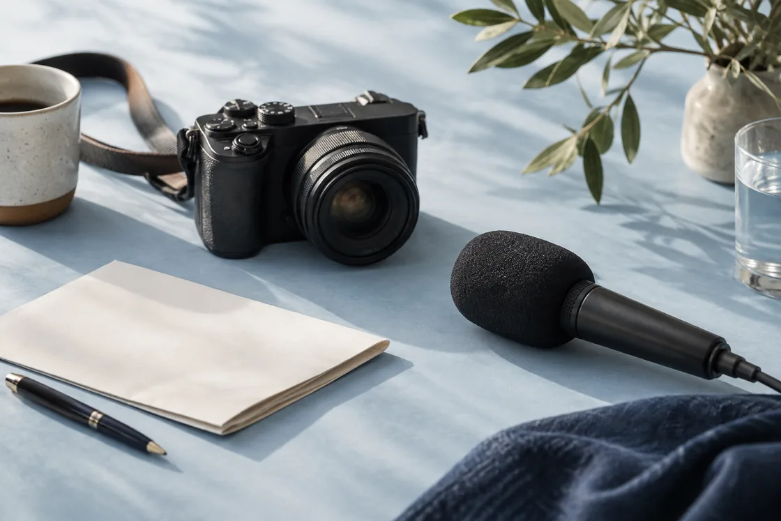A camera and microphone arranged for an interview.