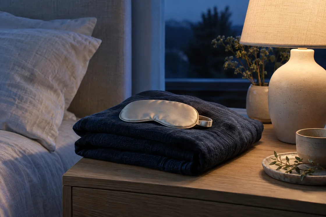 A sleep mask and folded blanket beside a bedside lamp.