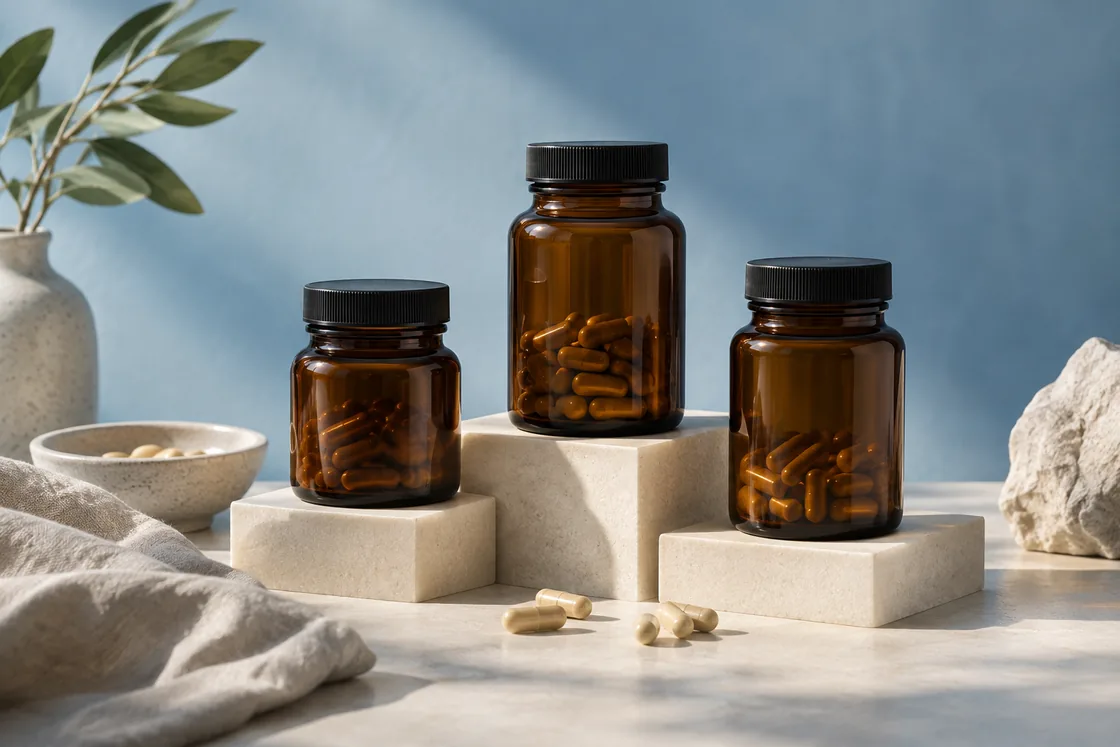 Unbranded amber bottles on simple ivory blocks.
