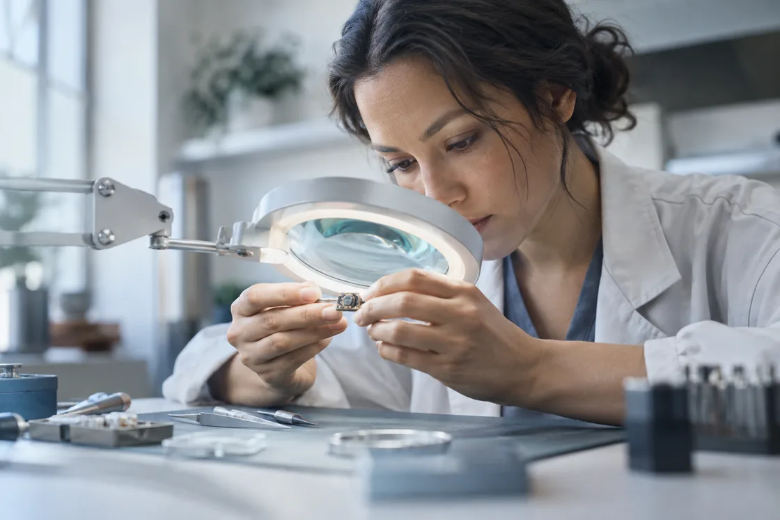 A technician inspecting a small component through a lens.